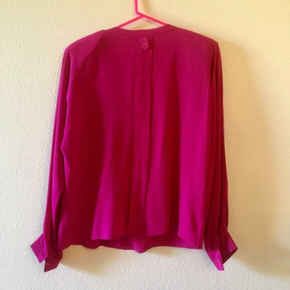 Vintage 80s Argenti 100% Silk Blouse Bright Pink Long Sleeve Button Down Size 12 - Picture 4 of 4